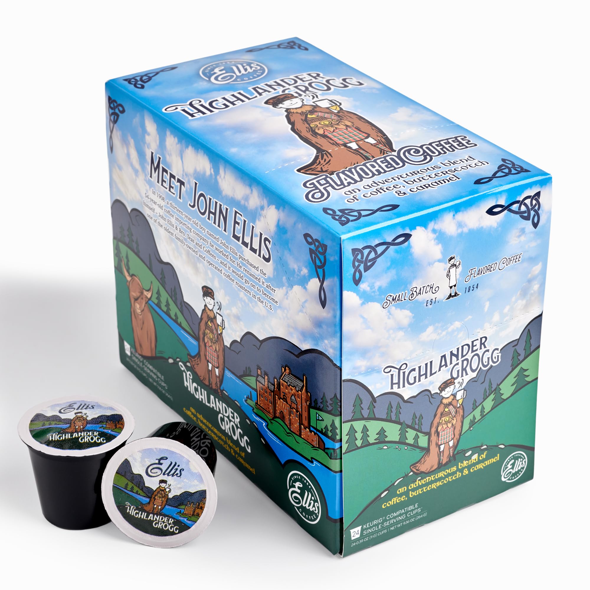 Ellis Coffee Highlander Grogg pods packaging for quick, flavorful brews.