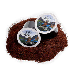 Ellis Coffee Highlander Grogg steaming cup reveals rich aroma and caramel notes.