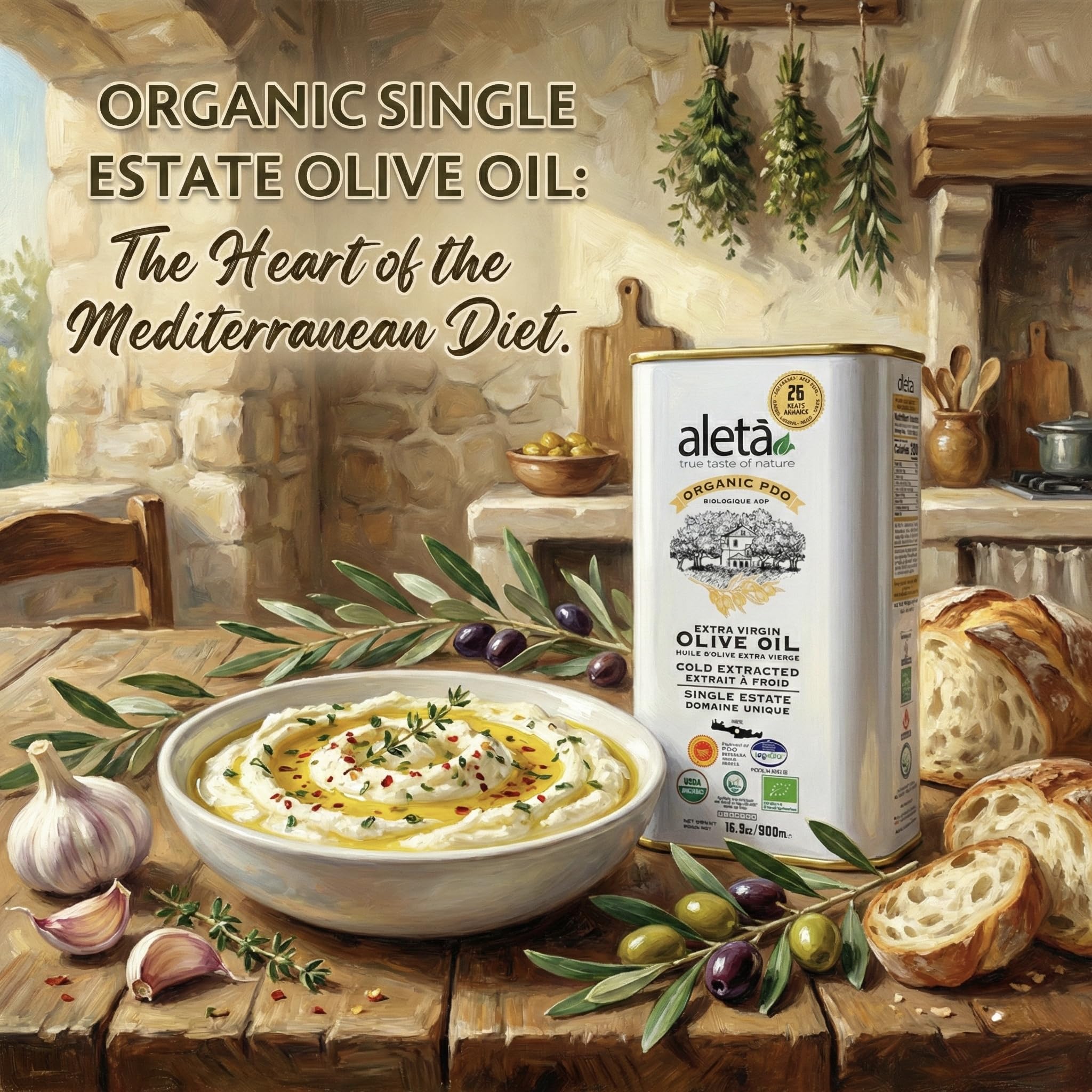 Ellora Farms Aleta label close-up—heritage single estate PDO quality.