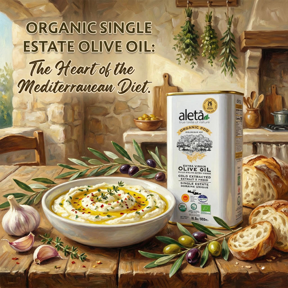Ellora Farms Aleta label close-up—heritage single estate PDO quality.
