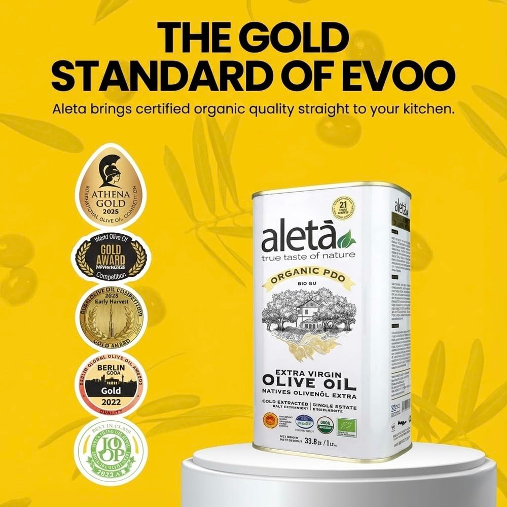 Ellora Farms Aleta olive oil tin on shelf—store in cool dark place.