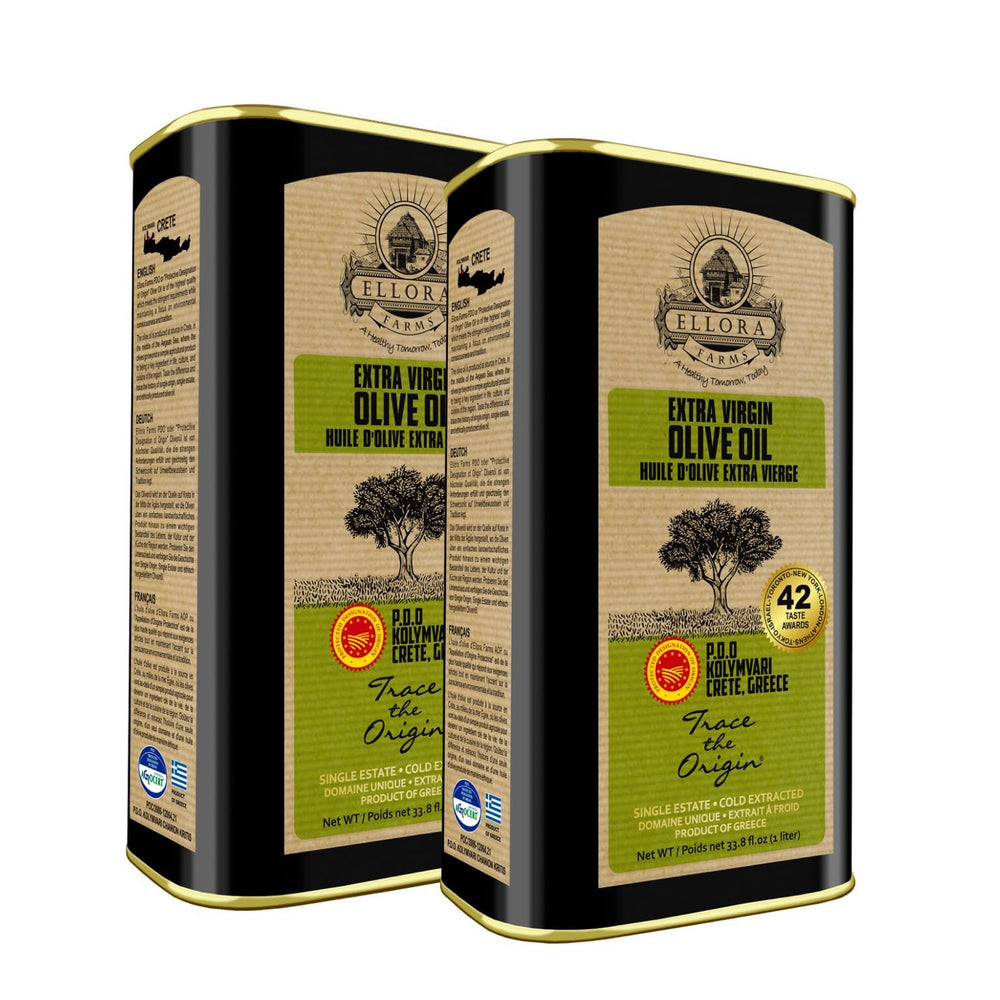 Ellora Farms olive oil bottle label shows PDO origin and certified quality.