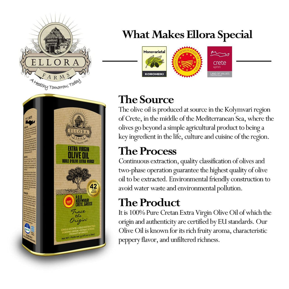 Ellora Farms cold-pressed olive oil first press indicator.