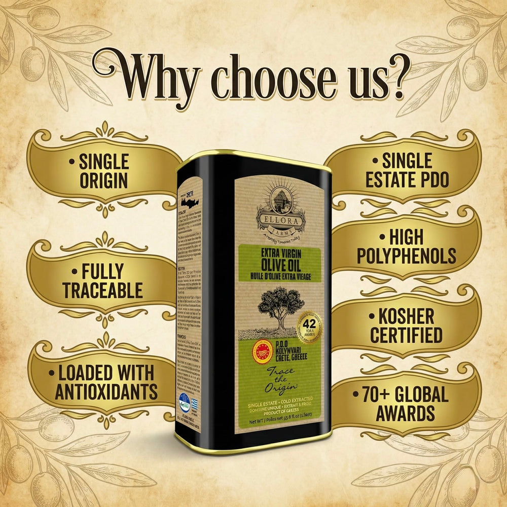 Ellora Farms label close-up showing PDO and organic certification.