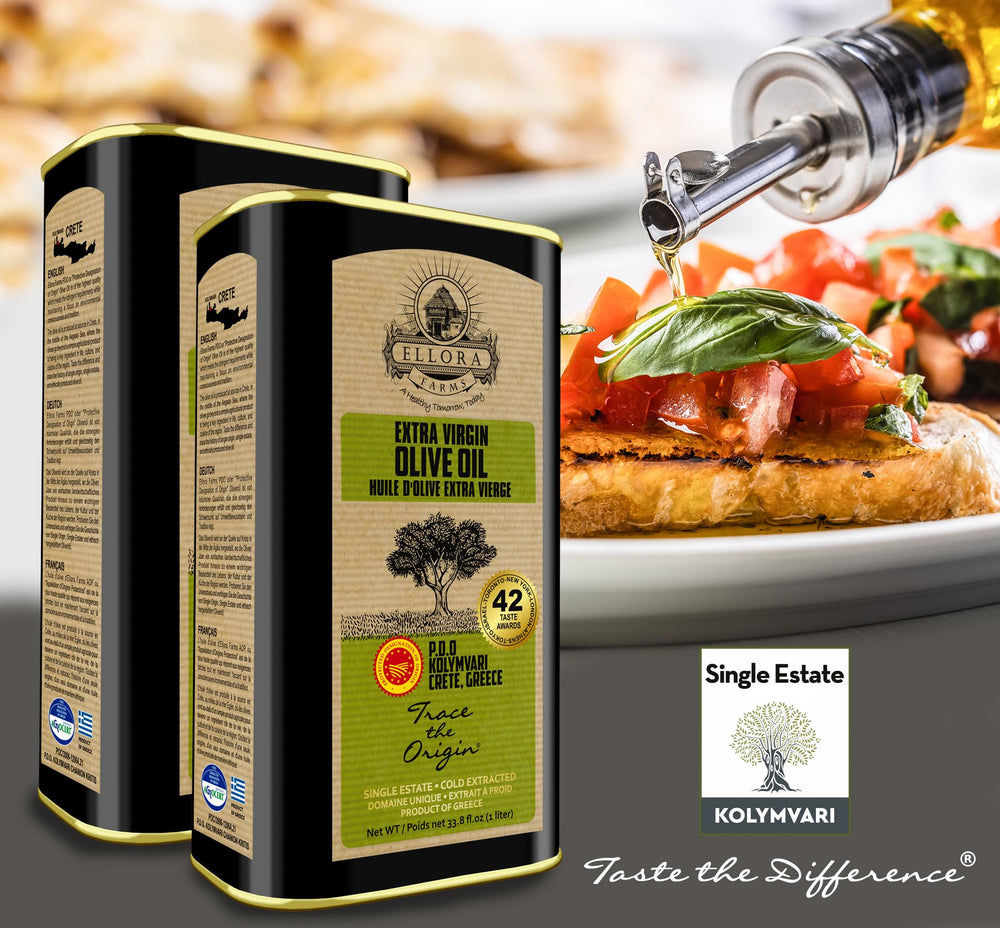 Ellora Farms single-estate Crete olive oil bottle emphasizing origin.