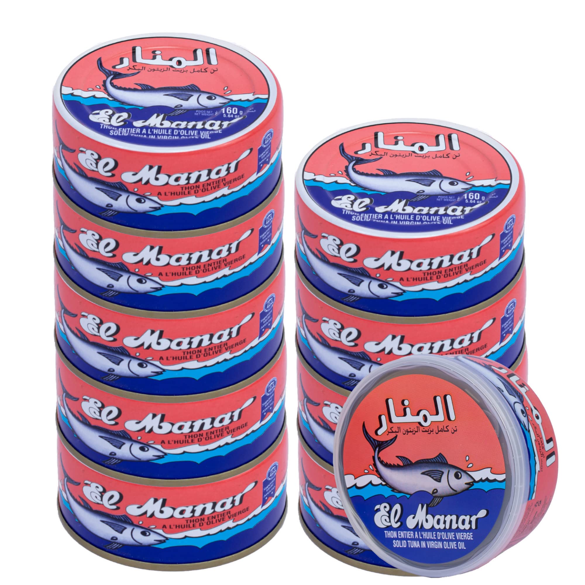El Manar solid tuna in olive oil can front view, rich omega-3 for quick meals.