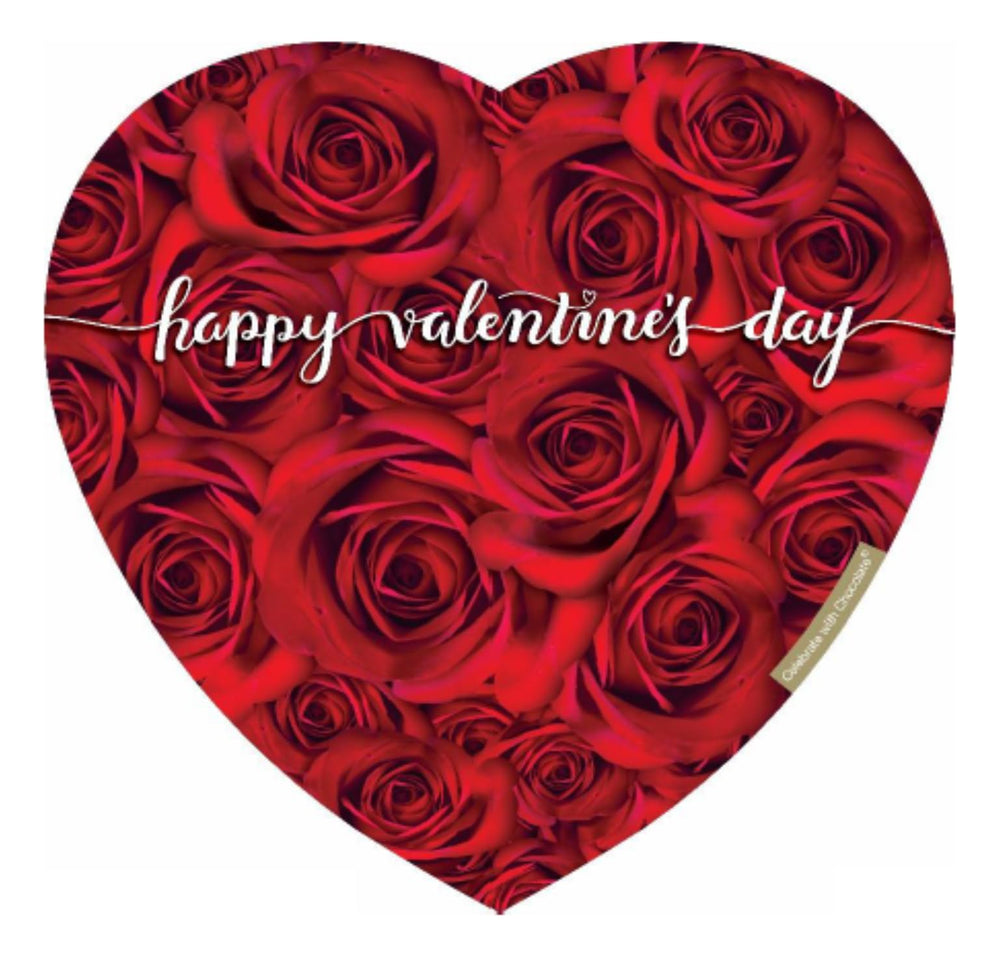 Elmer Chocolate red rose wrap heart box front, perfect romantic gift for Valentine's Day.