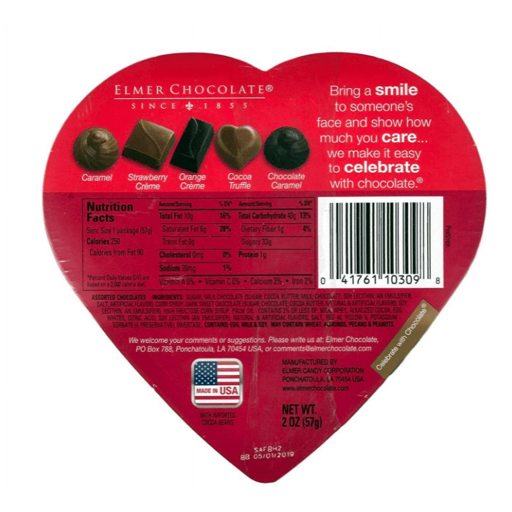 Back view of Elmers Chocolates Rose Heart Box, showcases decorative rose motif for gifting.