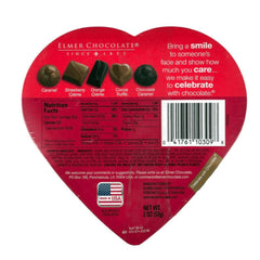 Back view of Elmers Chocolates Rose Heart Box, showcases decorative rose motif for gifting.