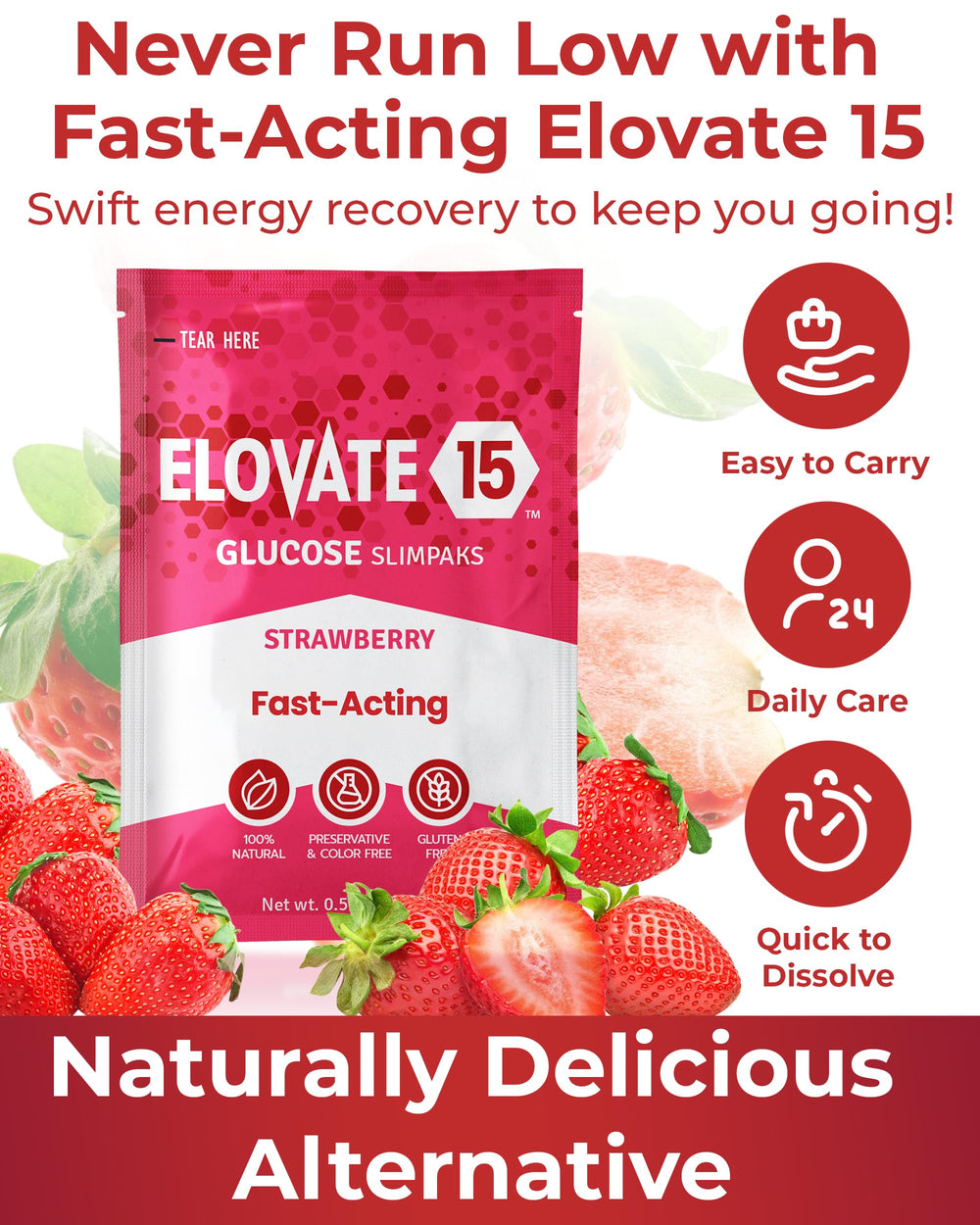 Elovate 15 strawberry flavor glucose powder close-up showing smooth texture.