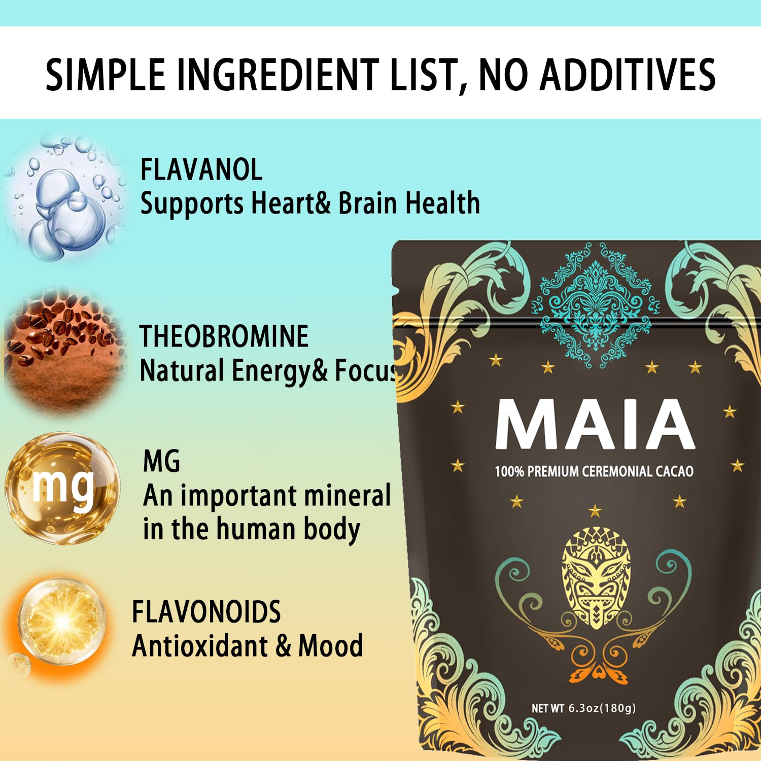 Elunara Maia ceremonial cacao pack with scoop, convenient daily use.