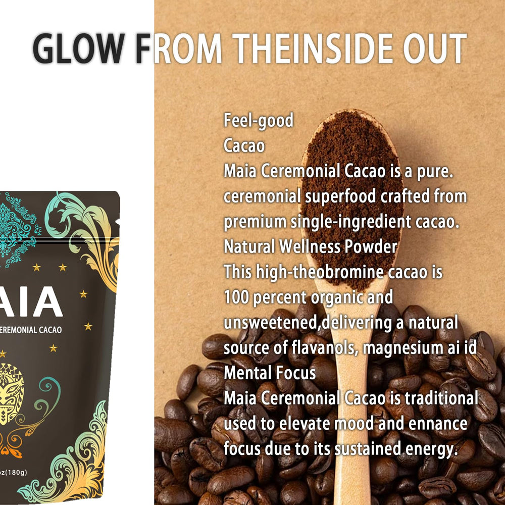 Elunara Maia cacao powder closeup, rich texture and natural nutrients.