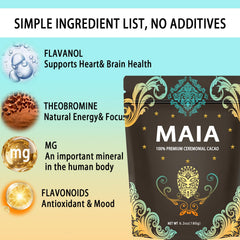 Maia cacao powder close-up highlighting rich texture and natural flavanols.