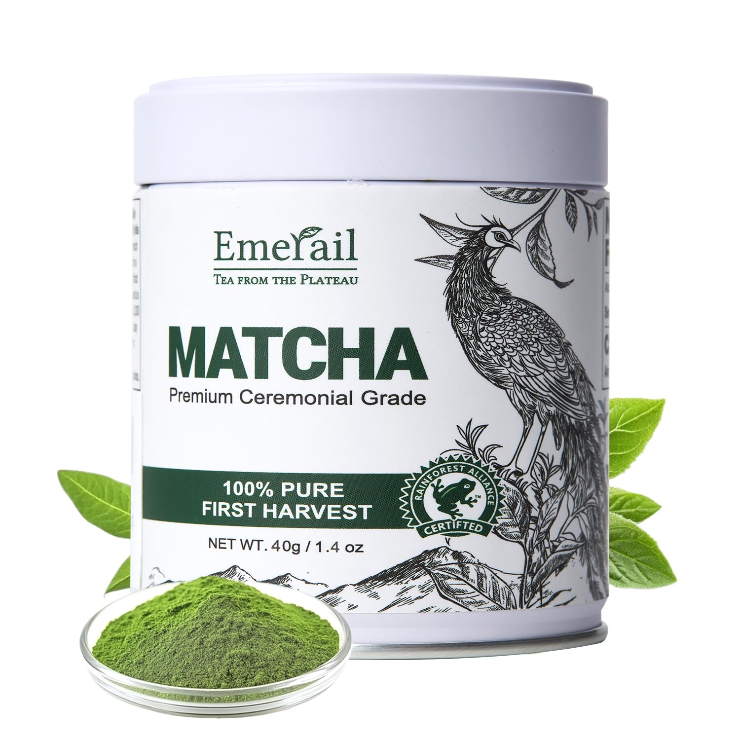 Emerail ceremonial grade matcha powder close-up in tin for smooth latte preparation