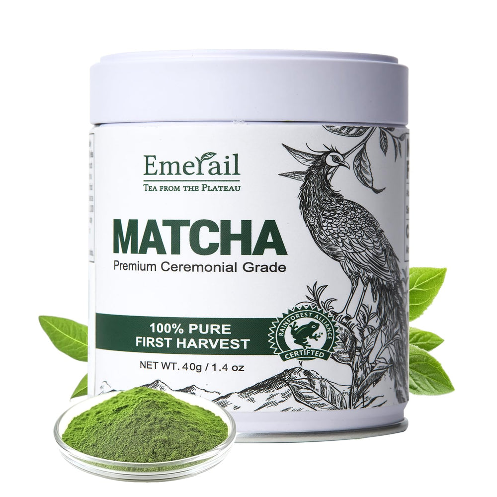 Emerail ceremonial grade matcha powder close-up in tin for smooth latte preparation