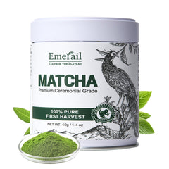 Emerail ceremonial grade matcha powder close-up in tin for smooth latte preparation