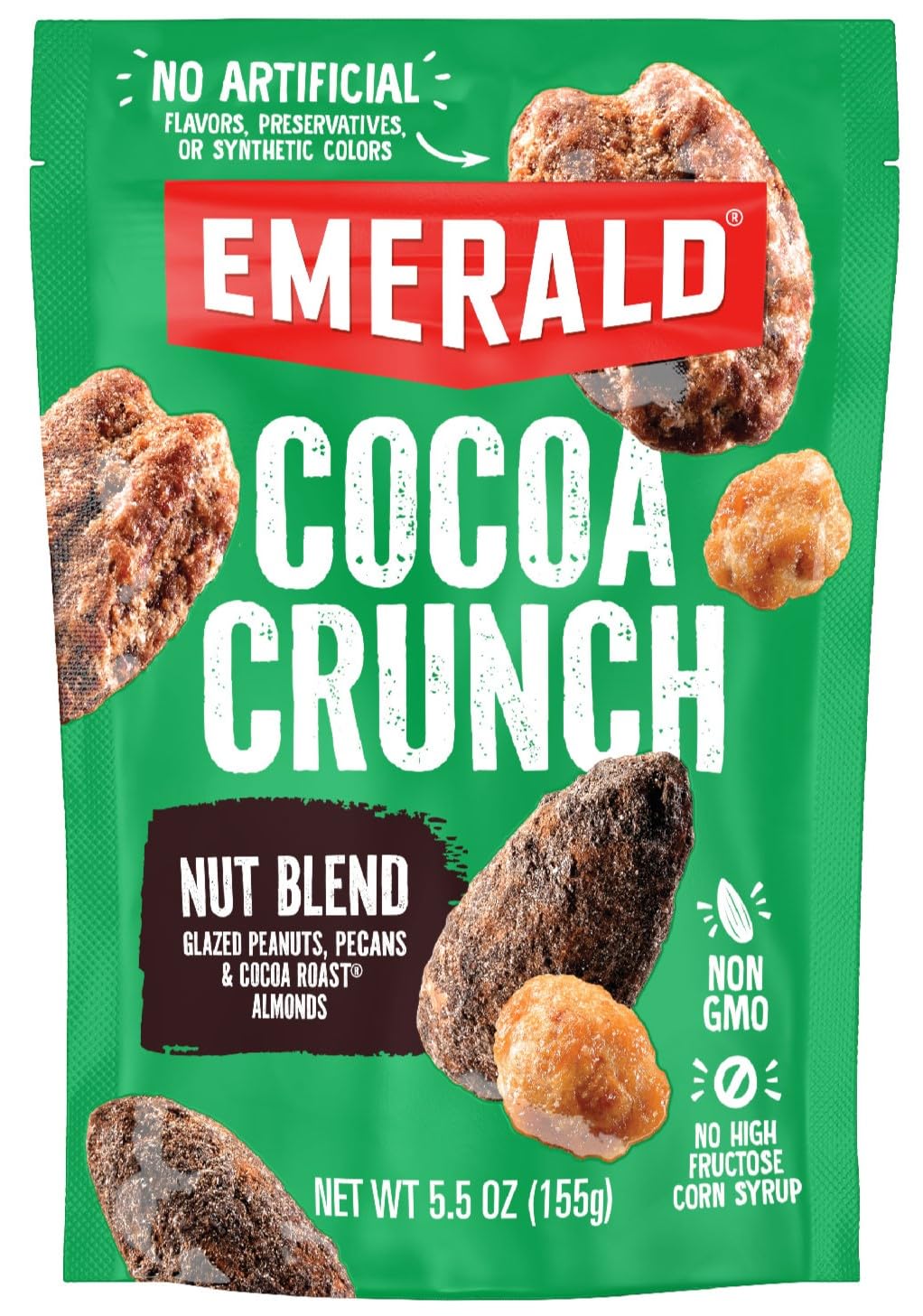 Emerald Chocolate Peanut Crunch Mixed Nuts in resealable bag for on-the-go snacking.