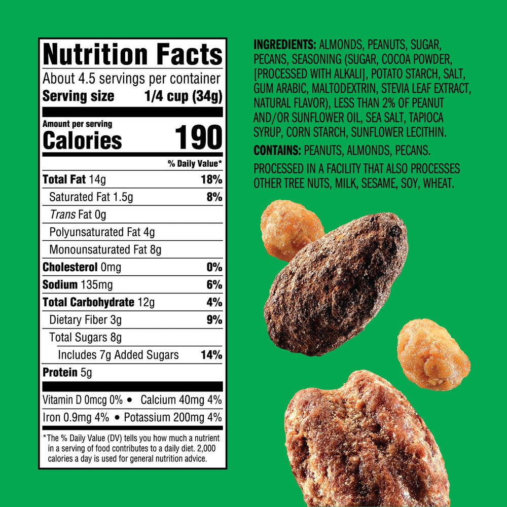 Emerald Cocoa Roasted Almonds close-up for a rich, chocolatey crunch.