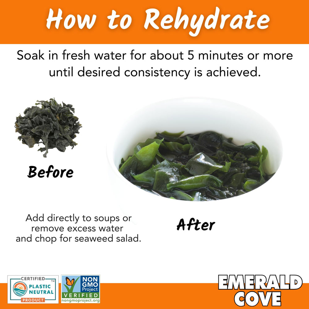 Emerald Cove wakame packaging; easy seal for fresh storage.