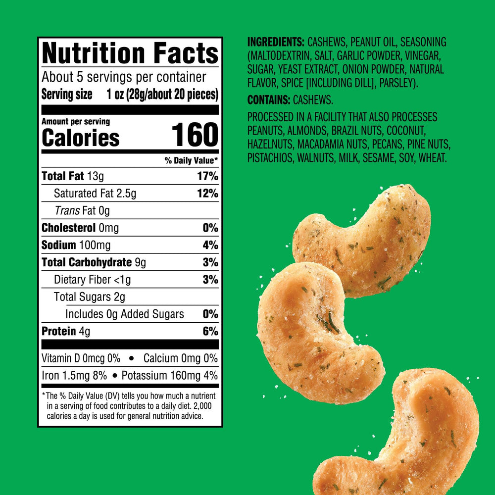 Close-up of crunchy, dill-seasoned cashews