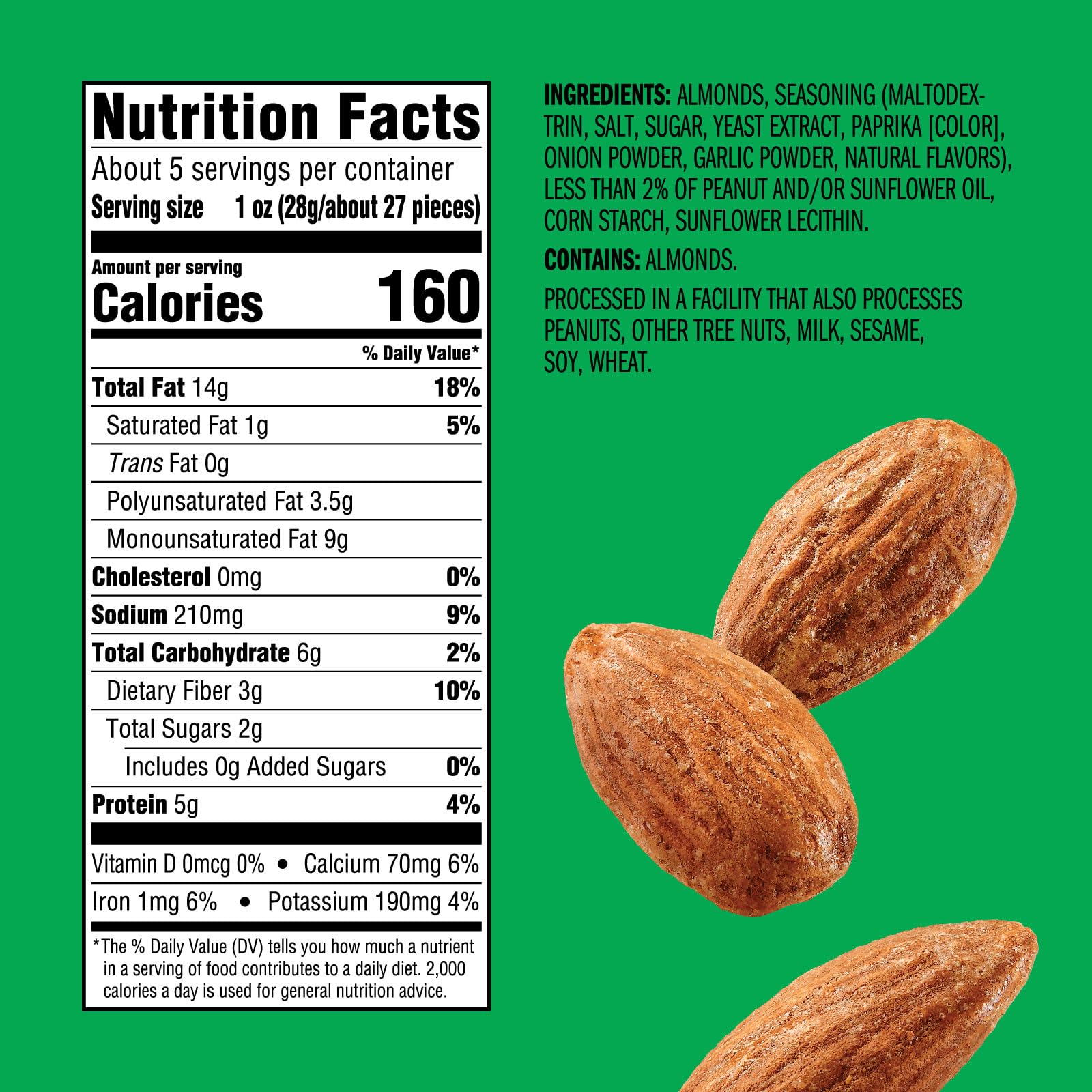 Emerald Dry Roasted Almonds bag front, ready-to-eat protein snack.