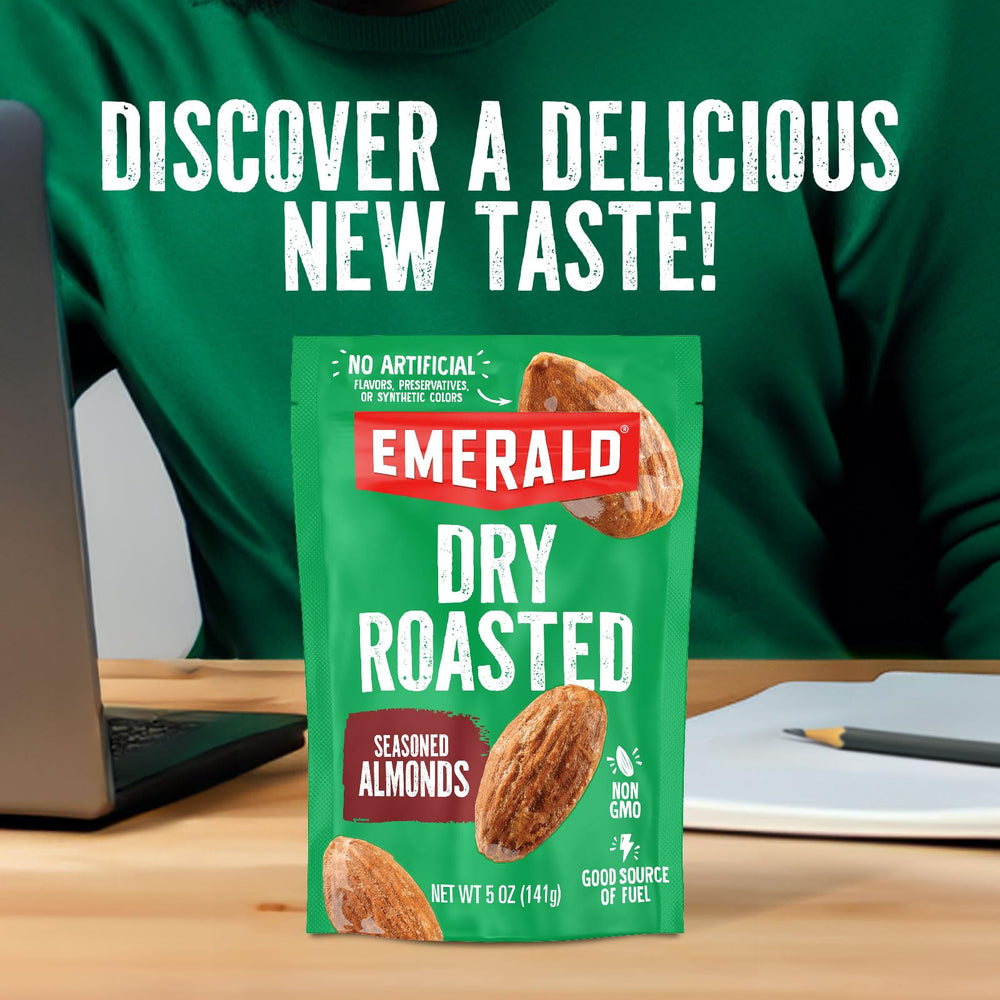 Emerald Dry Roasted Almonds pantry-ready packaging on shelf.