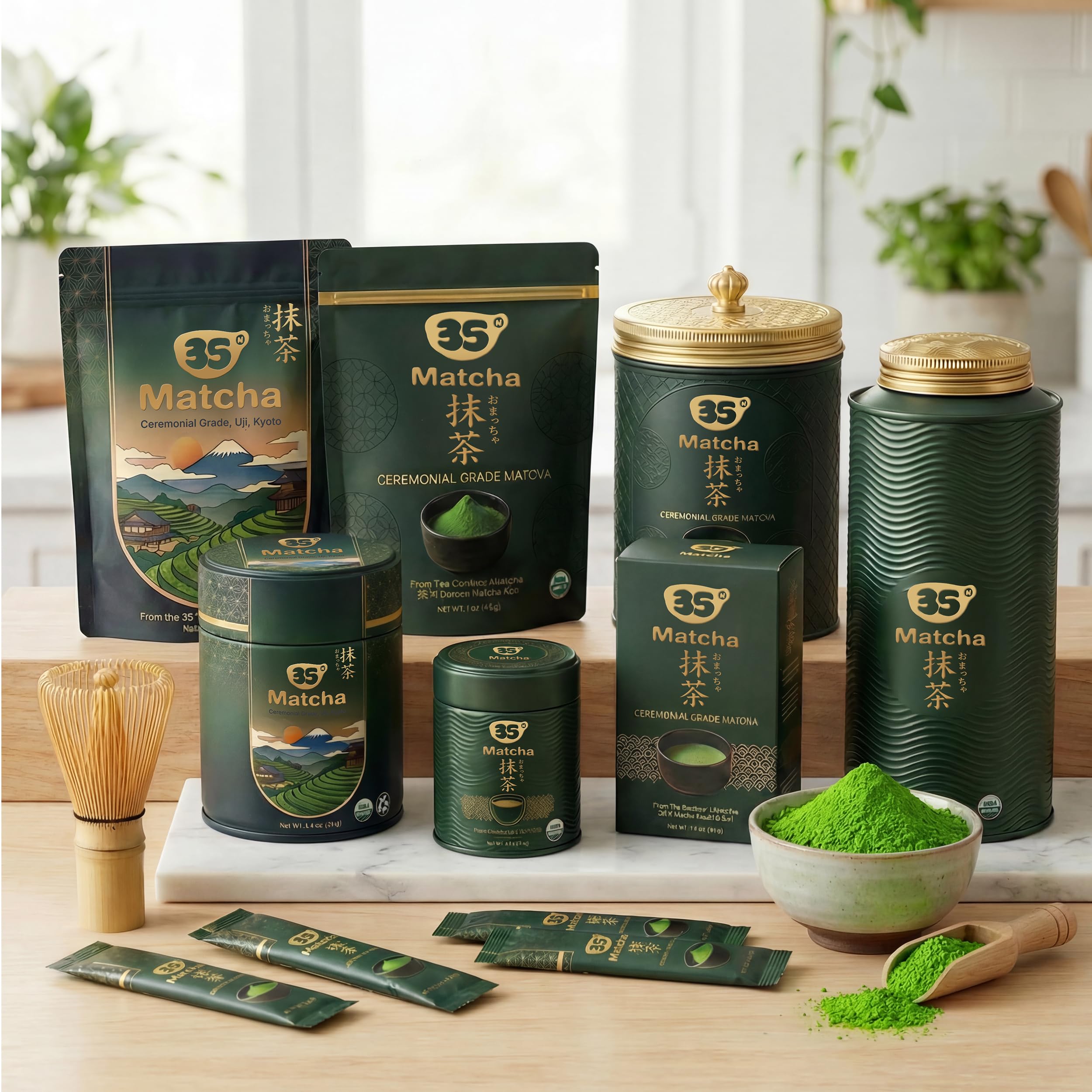 Emerald-green 35°N MATCHA from the golden belt expresses vibrant color and terroir.