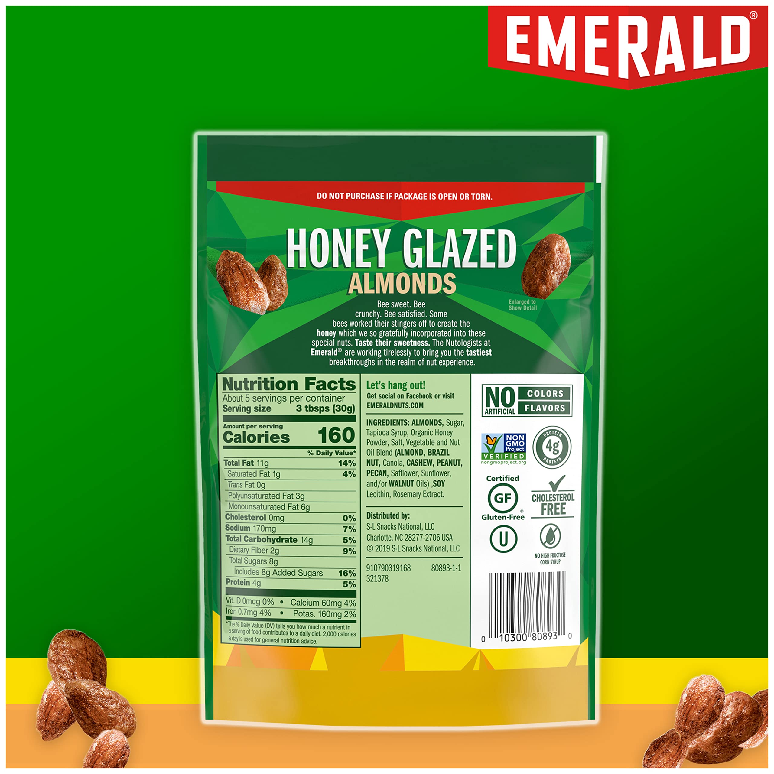 Emerald Honey Glazed Almonds bag open with reseal for freshness