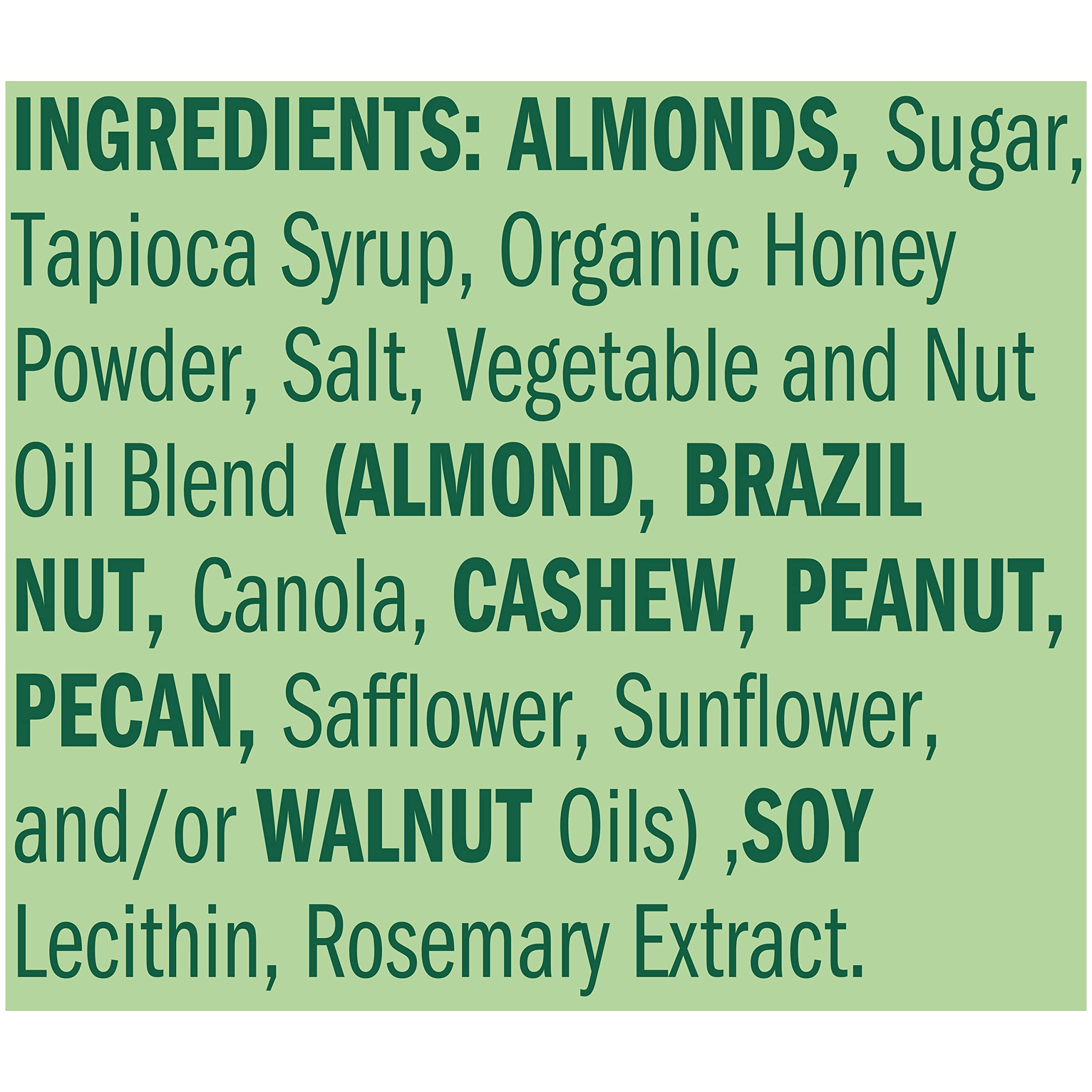 Ingredients list on Emerald Honey Glazed Almonds highlighting no artificial additives