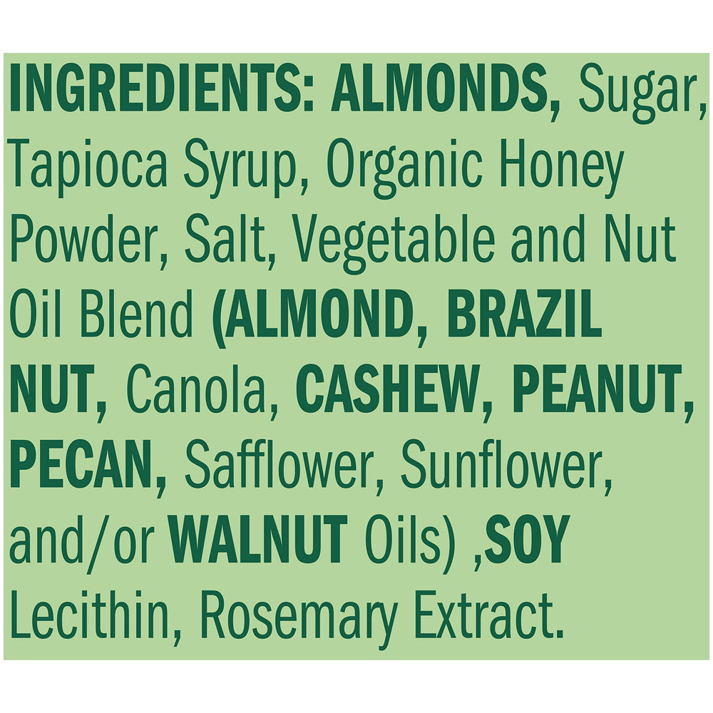 Ingredients list on Emerald Honey Glazed Almonds highlighting no artificial additives