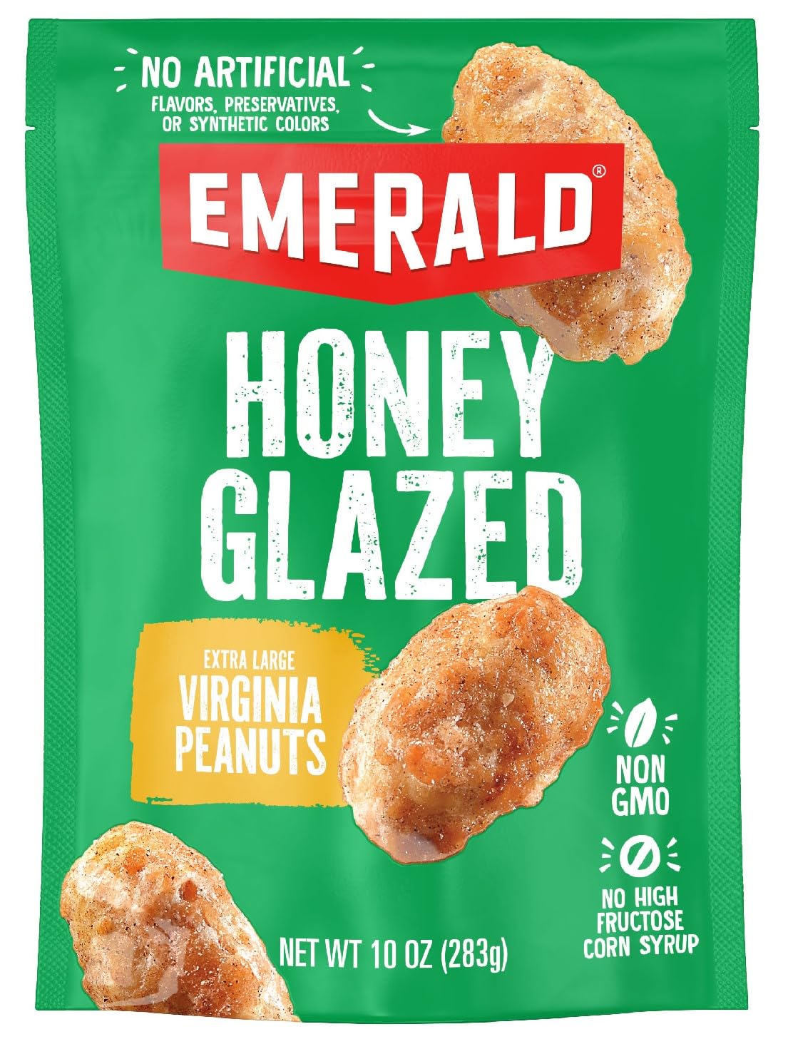 Emerald Honey Glazed XL Virginia Peanuts bag on-the-go snack with freshness.