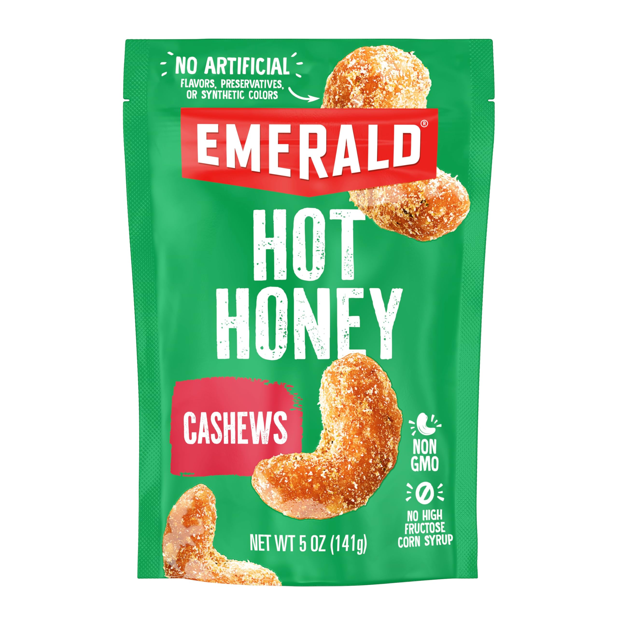 Emerald Hot Honey Cashews bag front view, resealable for on-the-go freshness