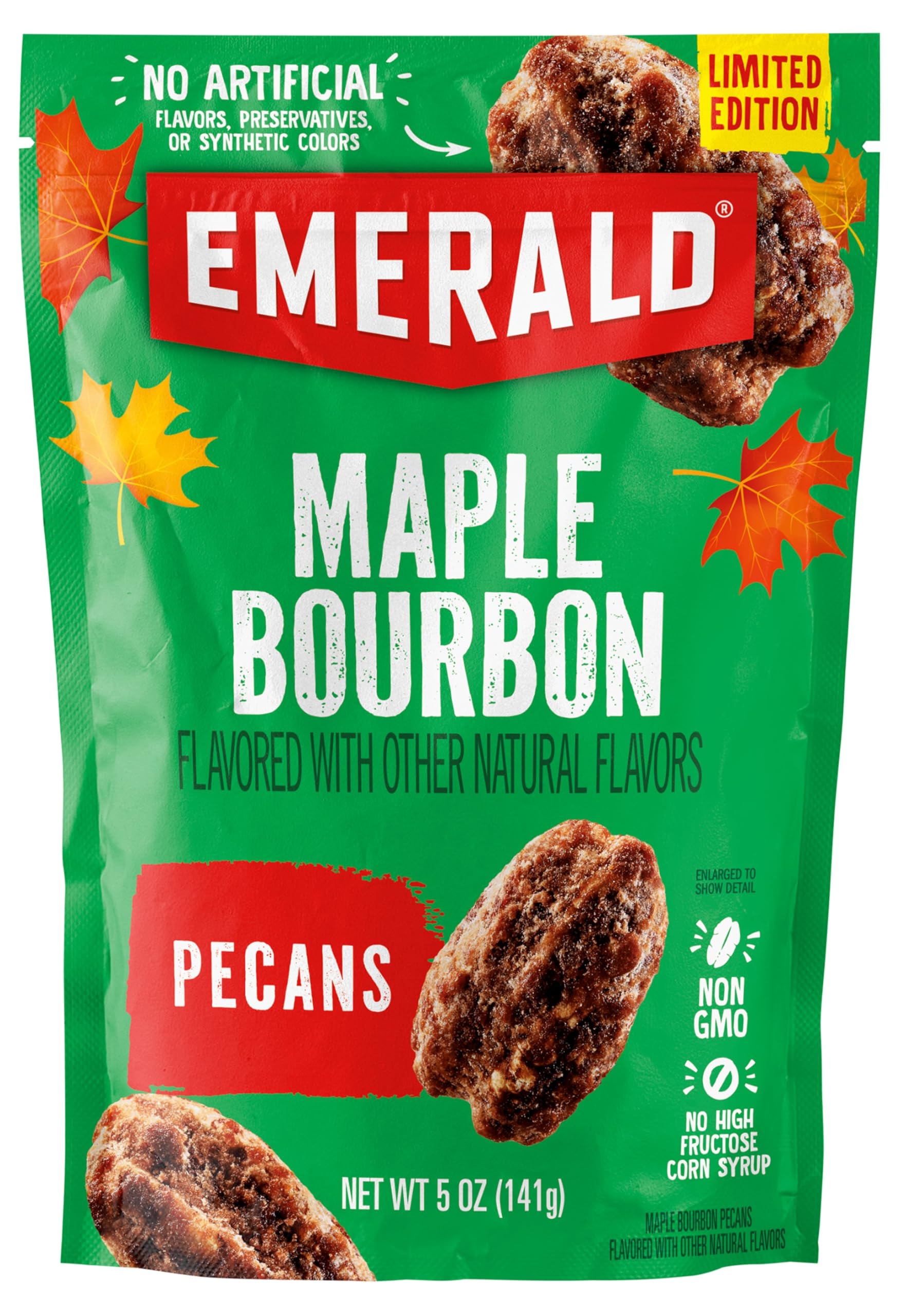 Emerald Maple Bourbon Pecans in a 5oz resealable bag, ideal for on-the-go snacking.