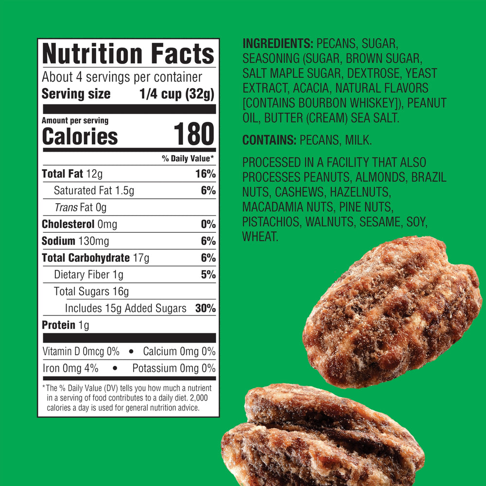 Close-up of Emerald Maple Bourbon Pecans with glaze, a rich snack.