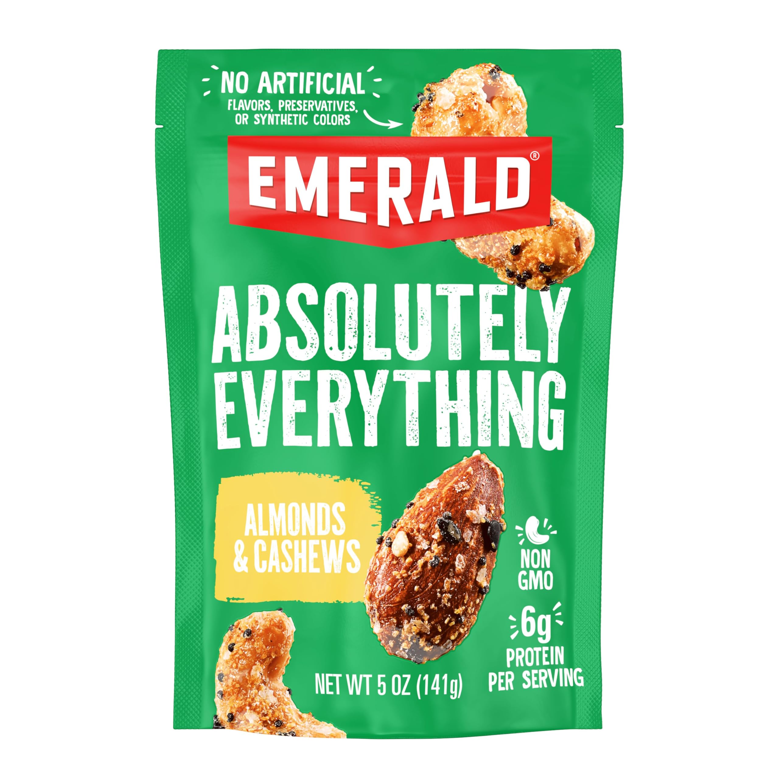 Emerald Absolutely Everything almonds and cashews bag front for fresh, on-the-go snacking.