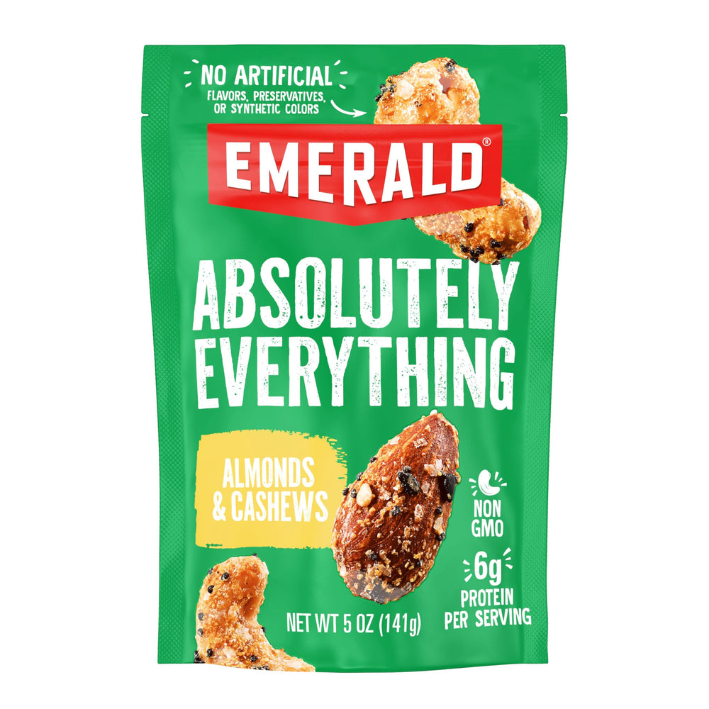 Emerald Absolutely Everything almonds and cashews bag front for fresh, on-the-go snacking.