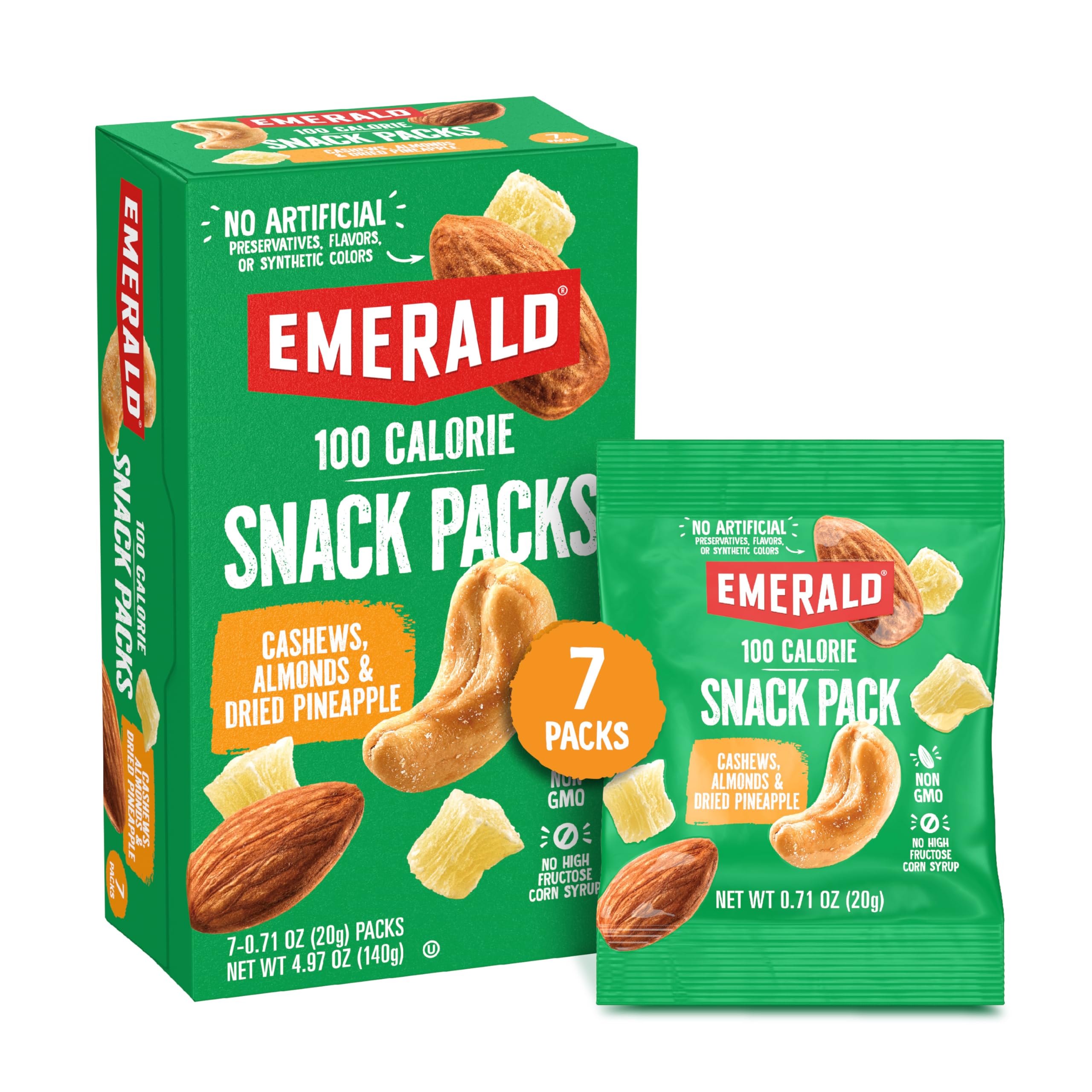 Emerald cashews almonds with dried pineapple 7ct pack, perfect for on-the-go snacking.