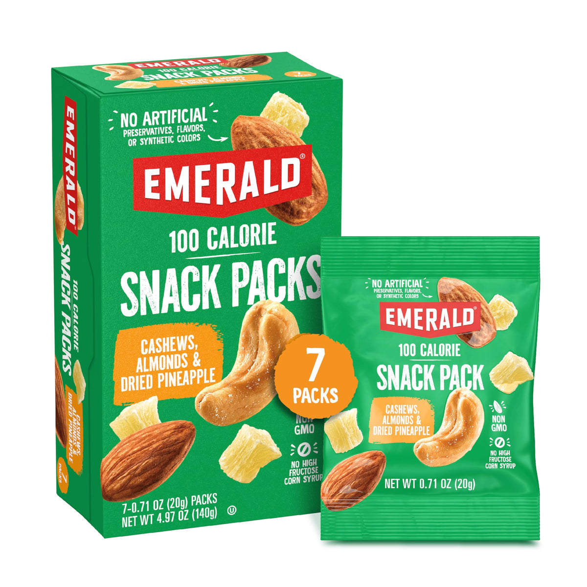 Emerald cashews almonds with dried pineapple 7ct pack, perfect for on-the-go snacking.