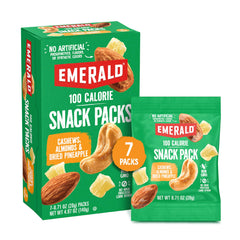 Emerald cashews almonds with dried pineapple 7ct pack, perfect for on-the-go snacking.