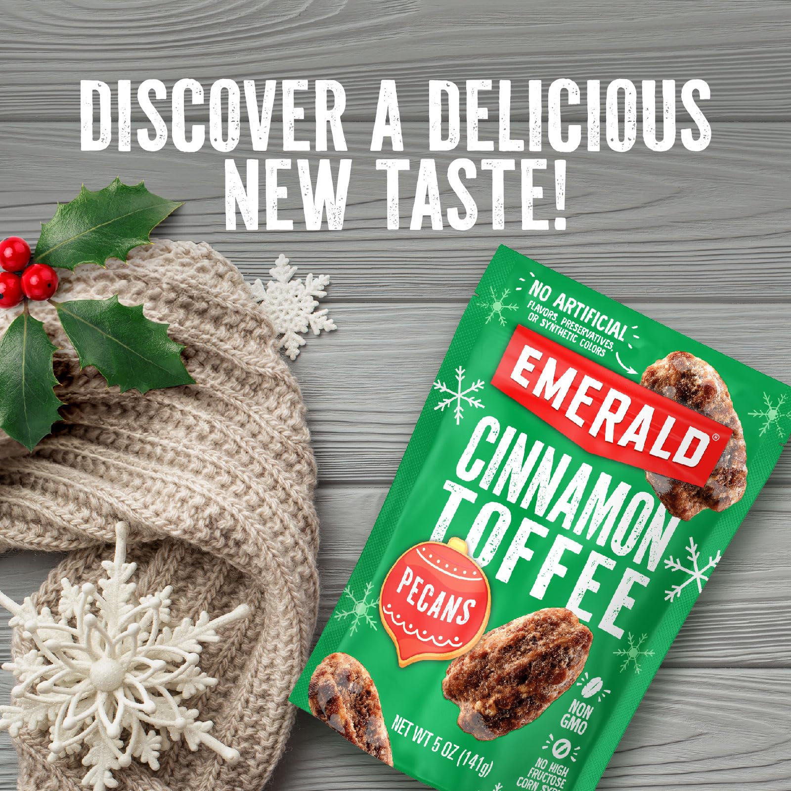 Emerald Cinnamon Toffee Pecans ingredients label with non-GMO and kosher dairy