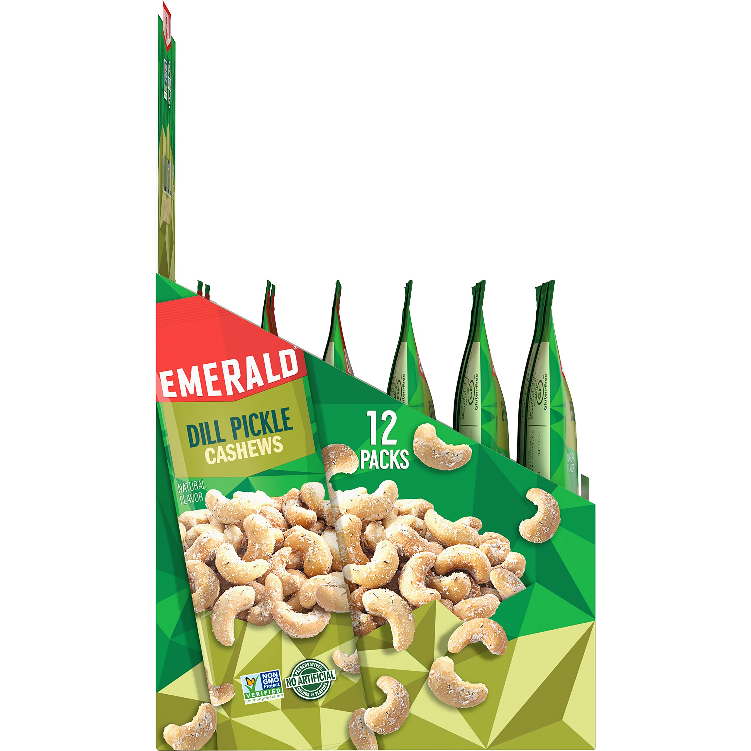 Emerald Dill Pickle Cashews 12-pack-tubes shows ready-to-snack portions.