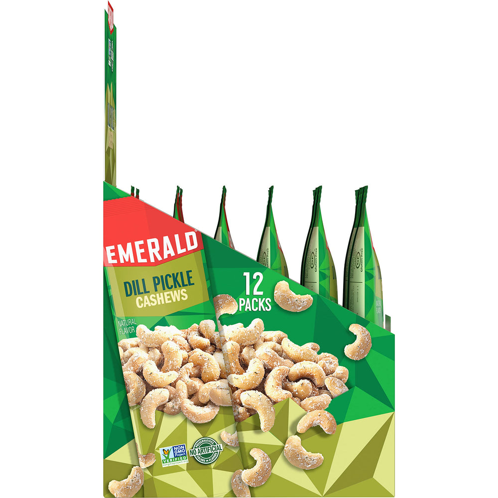 Emerald Dill Pickle Cashews 12-pack-tubes shows ready-to-snack portions.