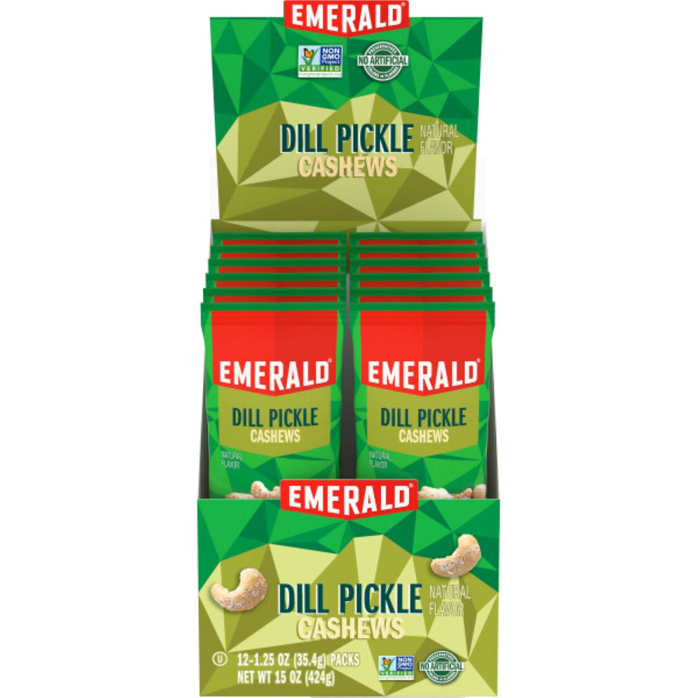 Emerald Dill Pickle Cashews bag-front offers savory on-the-go snacking.