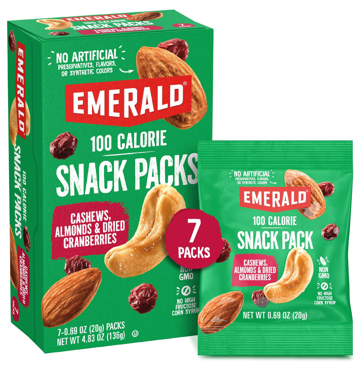 Emerald Nuts front packaging showing 7-count tray for on-the-go snacking