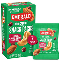 Emerald Nuts front packaging showing 7-count tray for on-the-go snacking