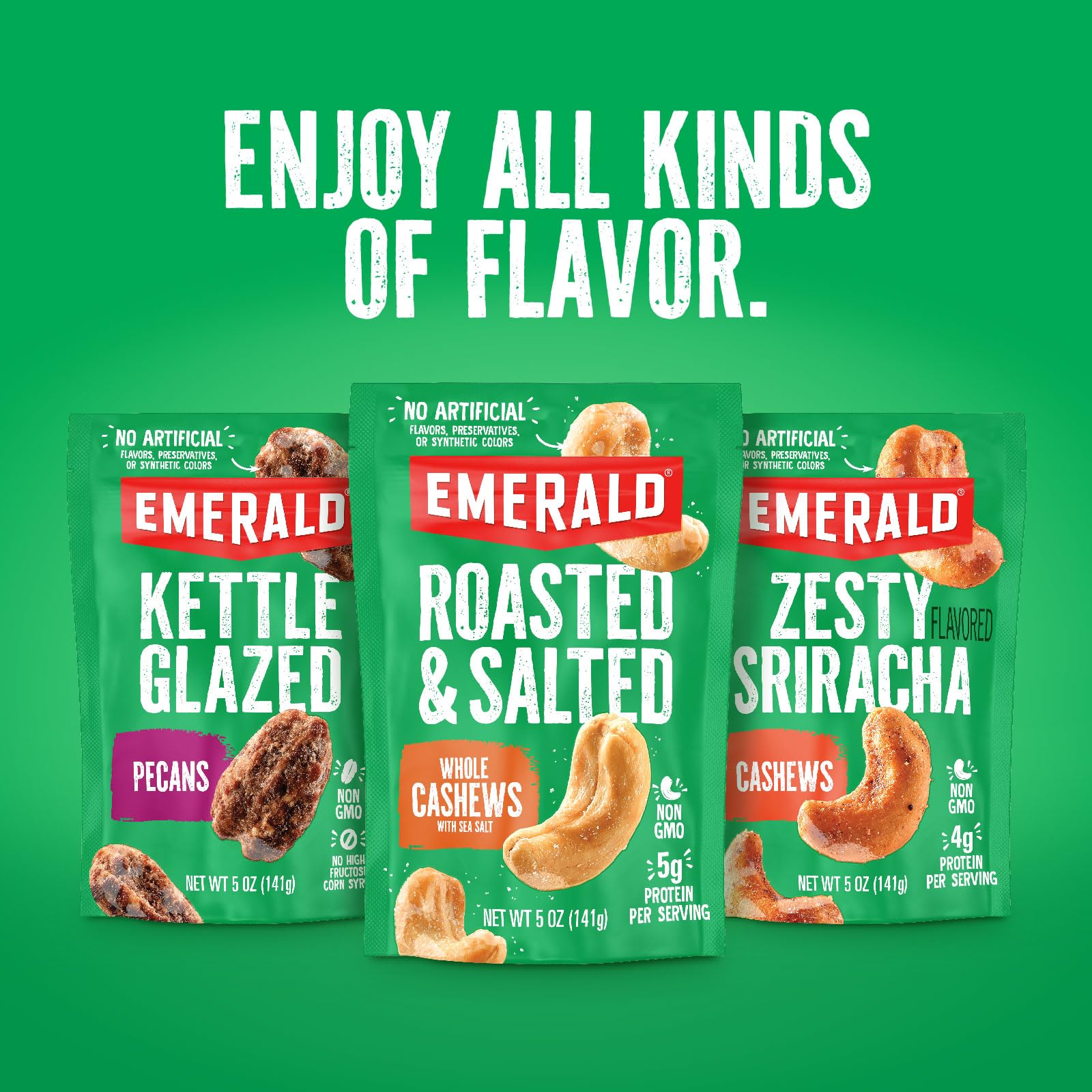 The Emerald Honey Glazed Cashews ingredients label highlights simple, quality components.