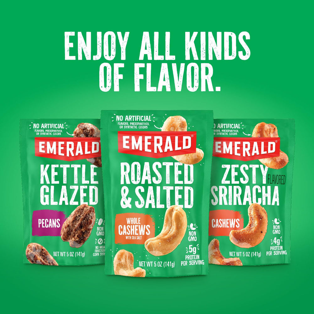 The Emerald Honey Glazed Cashews ingredients label highlights simple, quality components.