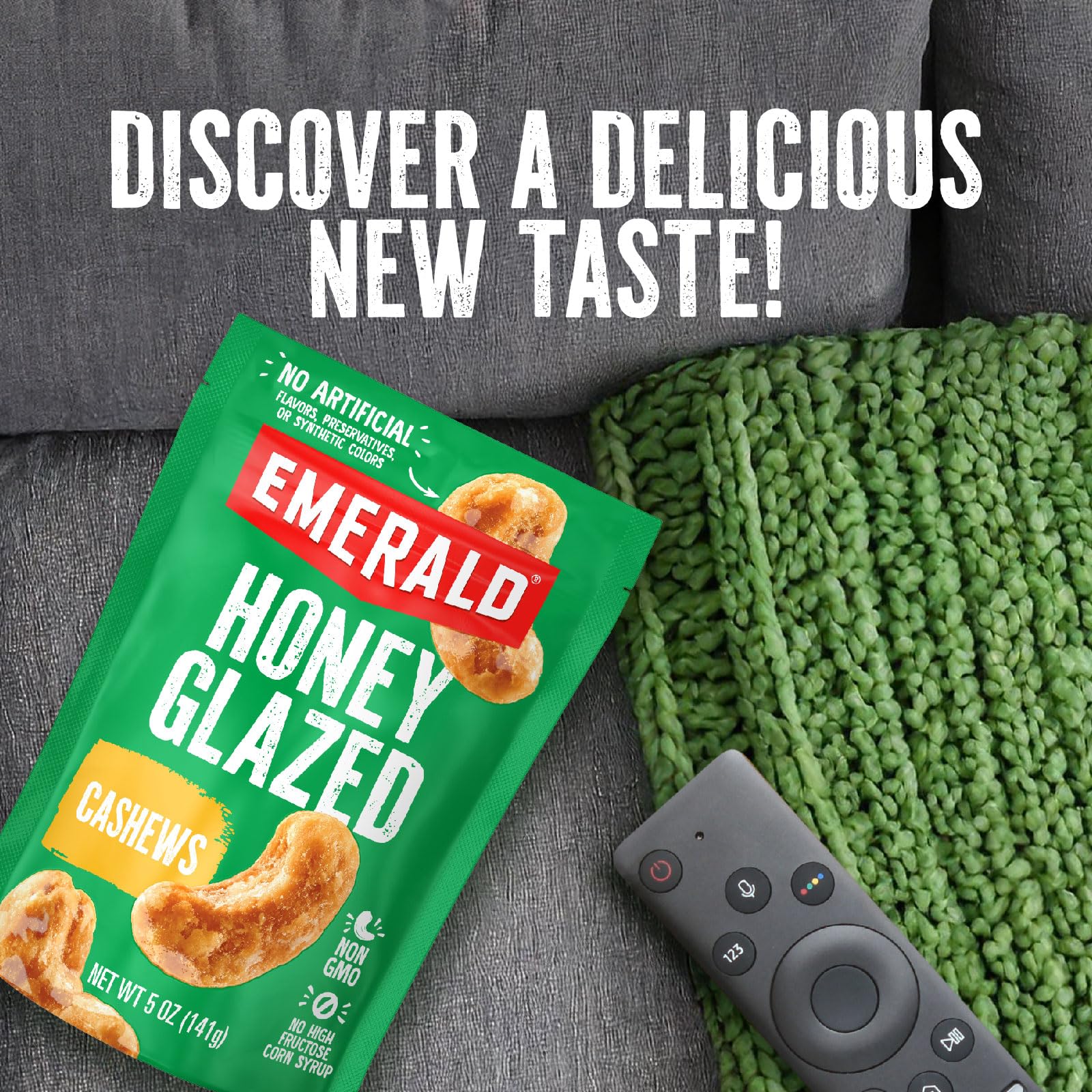 A kitchen shelf display shows Emerald Honey Glazed Cashews ready to snack.