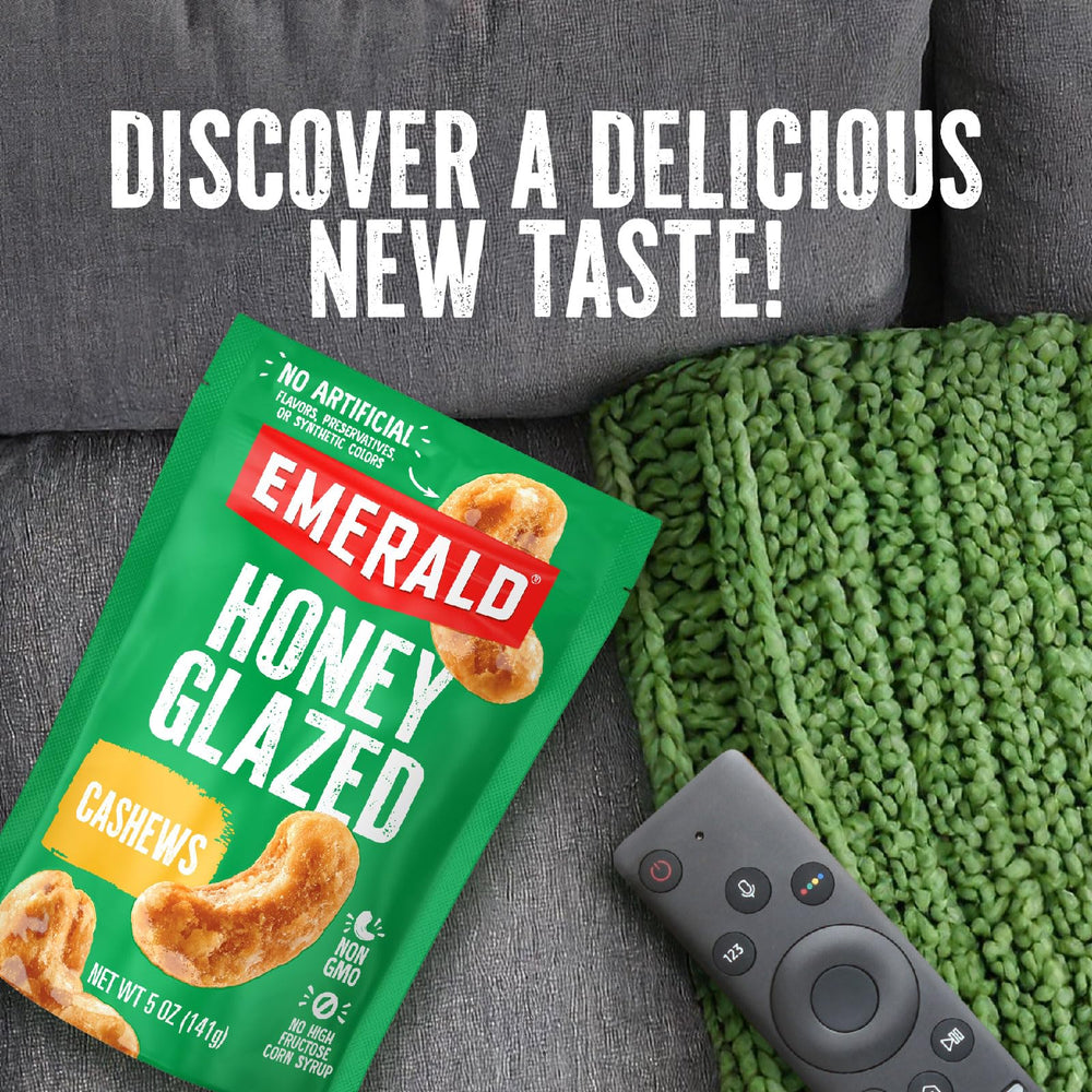 A kitchen shelf display shows Emerald Honey Glazed Cashews ready to snack.