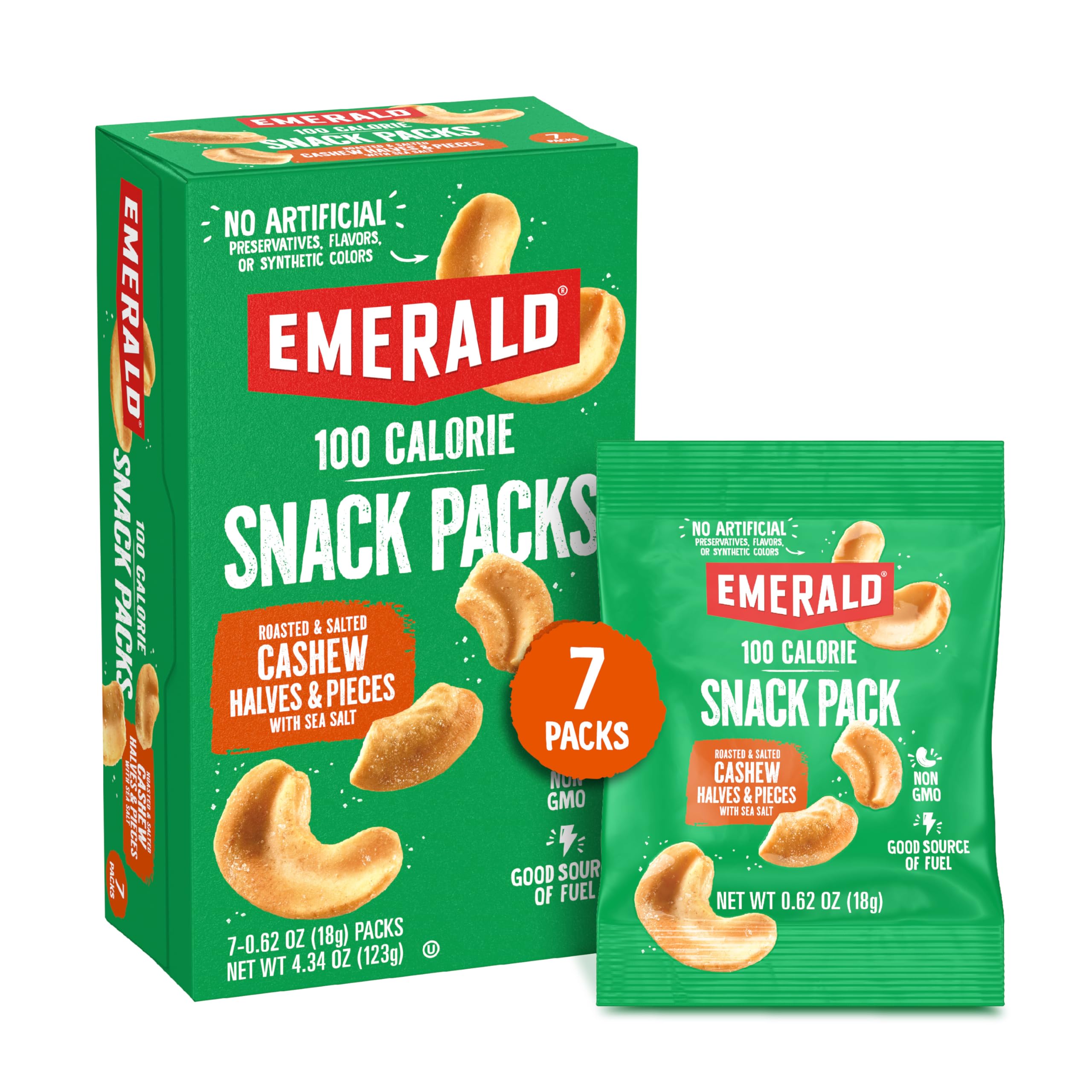Emerald Nuts roasted and salted cashews in a 7ct package, ideal for on-the-go snacking.